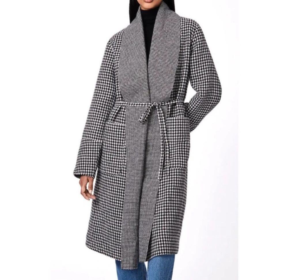 Bernardo Houndstooth Double Face Longline Coat Wool Blend Belted Wrap
